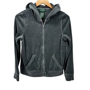 Lauren Ralph Lauren Hoodie Womens Petite PP Gray Velour Jacket Full Zip Vintage